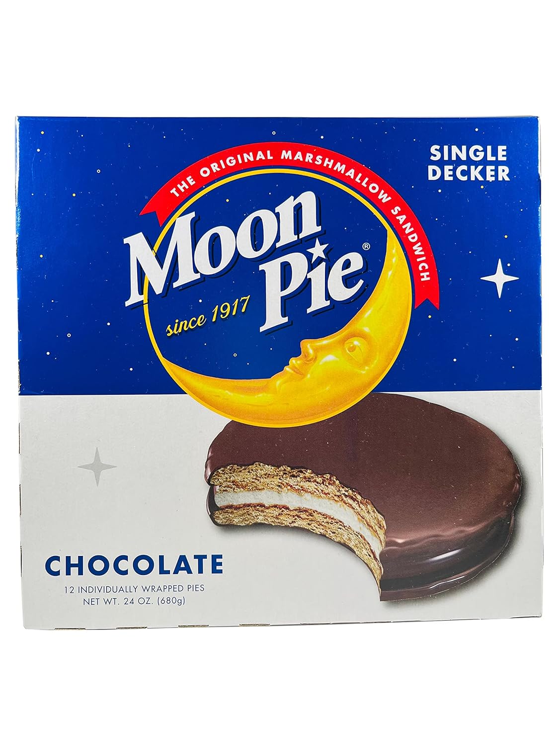 Moon Pie Single Decker - Chocolate. The Original Marshmallow Sandwich, 12 Pies per box