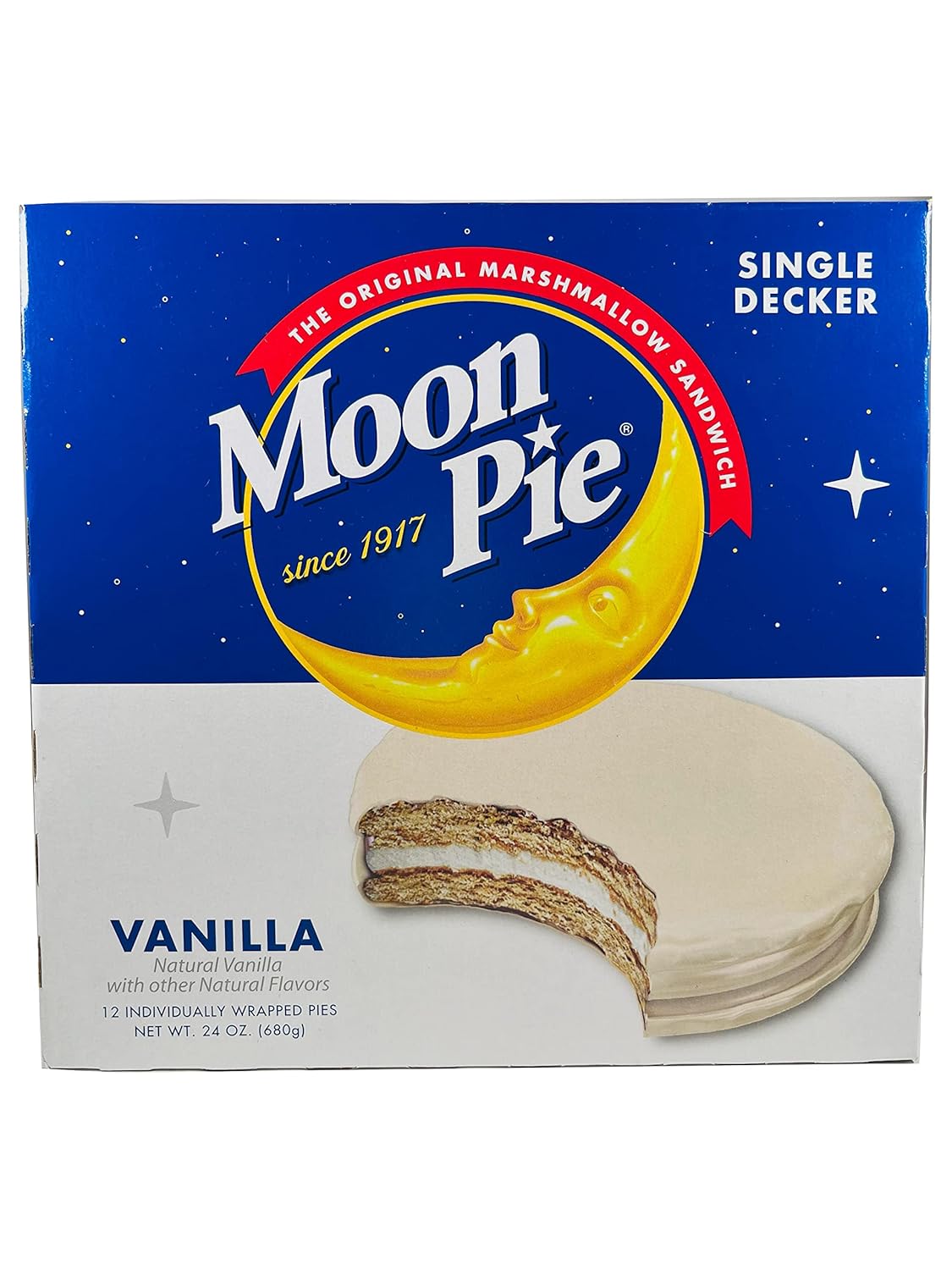 Moon Pie Single Decker - Vanilla. The Original Marshmallow Sandwich, 12 Pies per box.